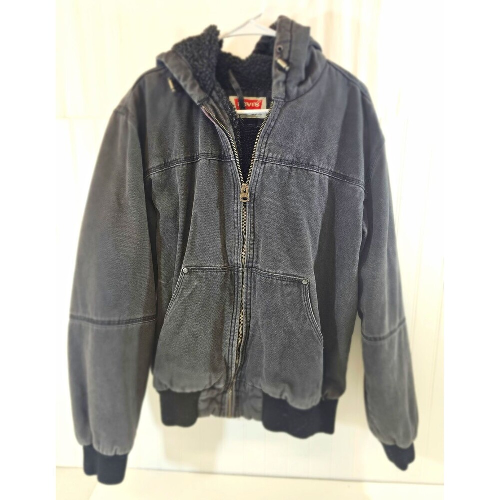 Levi's Men's Gray Canvas Bomber Jacket Hooded Lined Full Zip Logo Size M